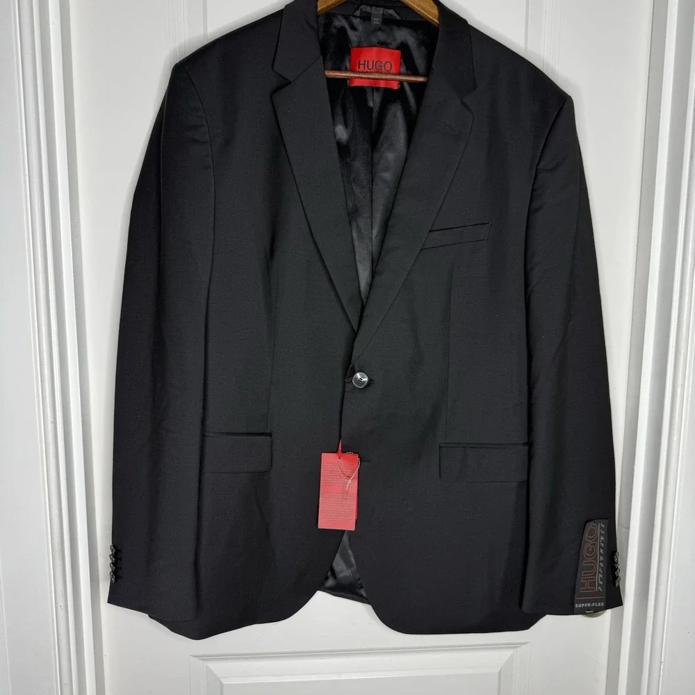 NWT‎ Hugo Boss Mens Modern Fit Super Flex Windowpane Suit Jacket Black 44R